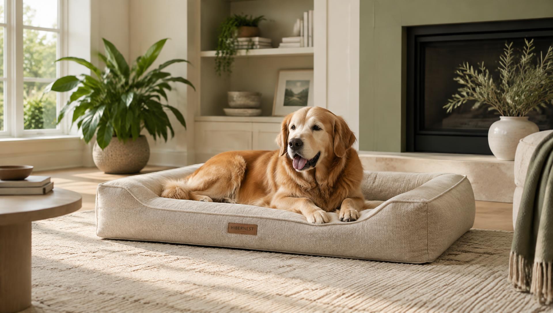 Older golden retriever resting on an orthopedic bed in a calm living room